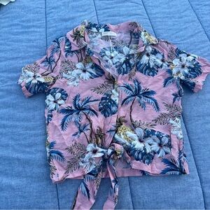 Romwe Pink Tropical Hawaiian Print Cropped Tie Front Shirt Size 6